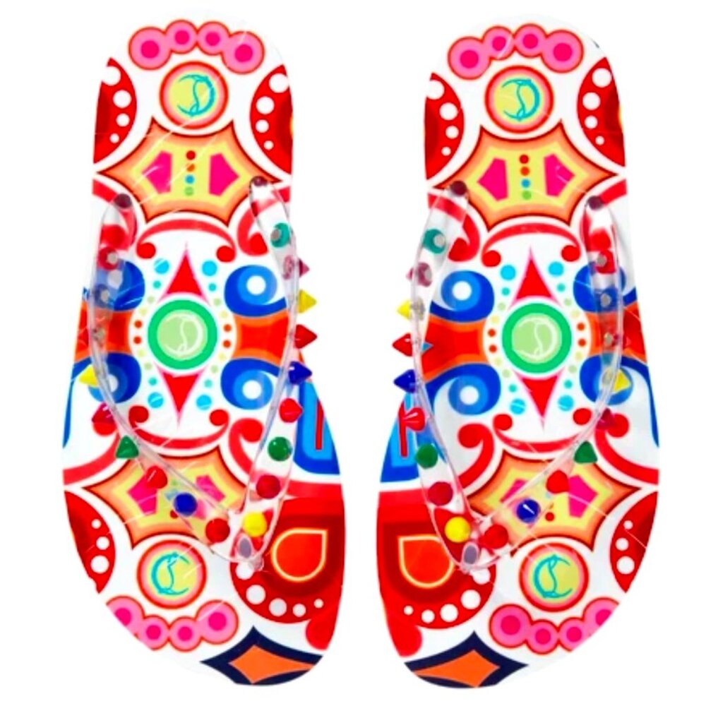 Christian Louboutin Women Donna Loubi Flip Flops Sandals Rainbow White Sz 36 NIB